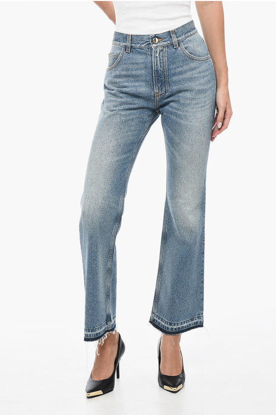 Shop Chloé Cotton Blend Cropped Fit Denims With Fringed Hem 23cm