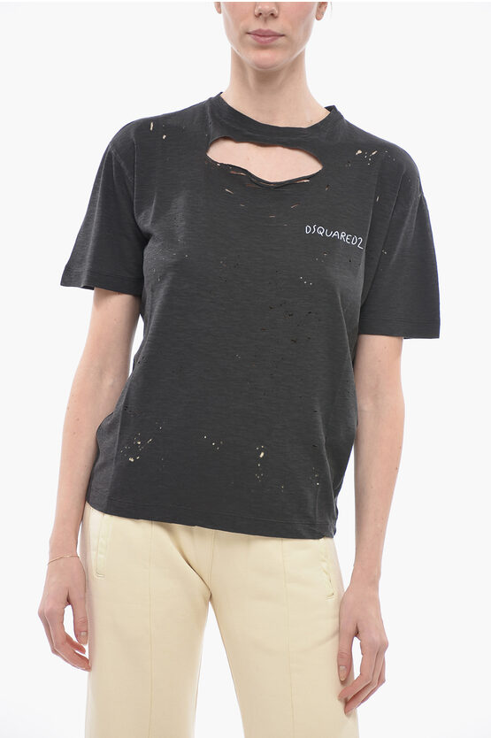 Dsquared2 Cotton Blend Destroyed T-shirt With Printed Logo In Black