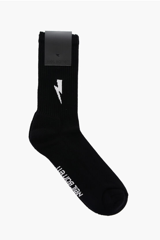 Shop Neil Barrett Cotton Blend Long Socks With Contrasting Logo