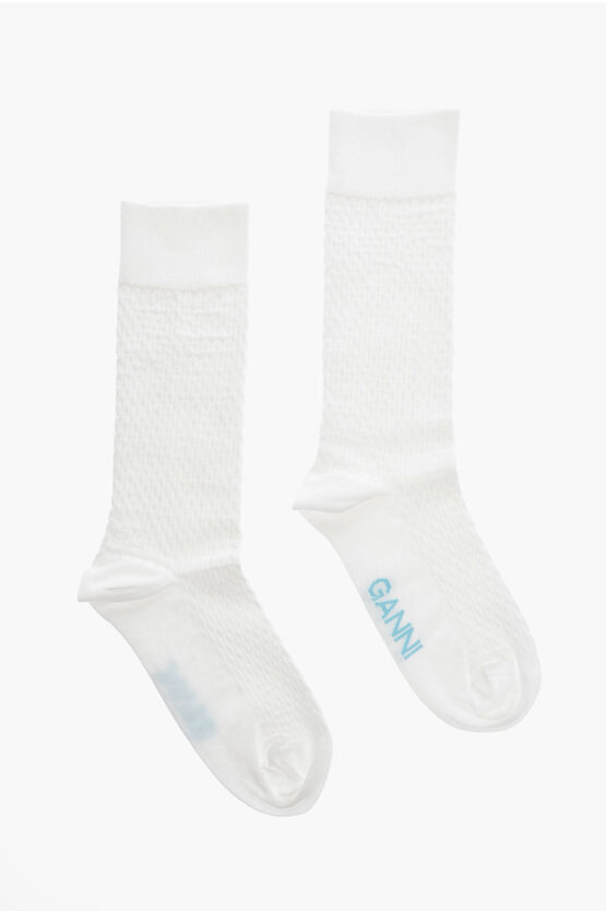 Ganni Cotton Blend Socks With Decorative Stitching Details In White