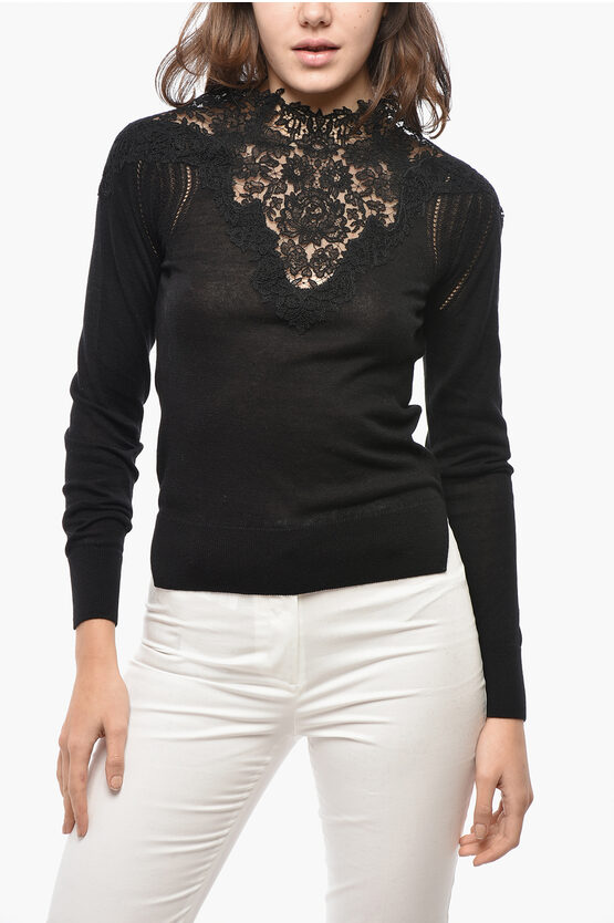 Ermanno Scervino Cotton Blend Sweater With Lace Embellishment In Black