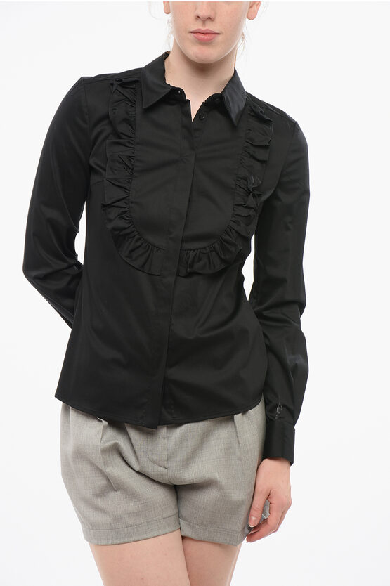 Elisabetta Franchi Cotton Blend Tuxedo Shirt With Hidden Buttoning In Blue