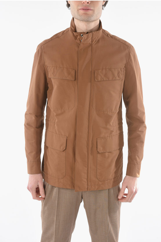 Corneliani Cotton Blend Walt Utility Jacket With Hidden Closure In Brown