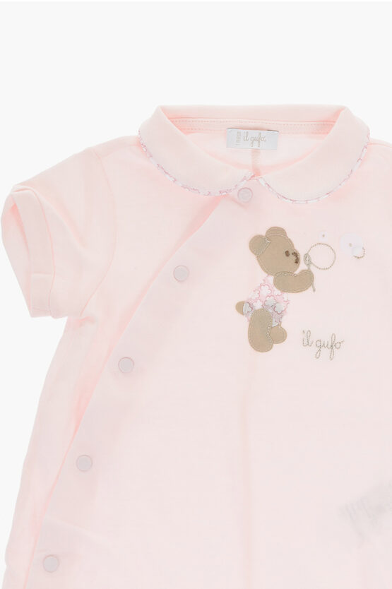 Cotton Body Suit With Teddy Bear Embroidery