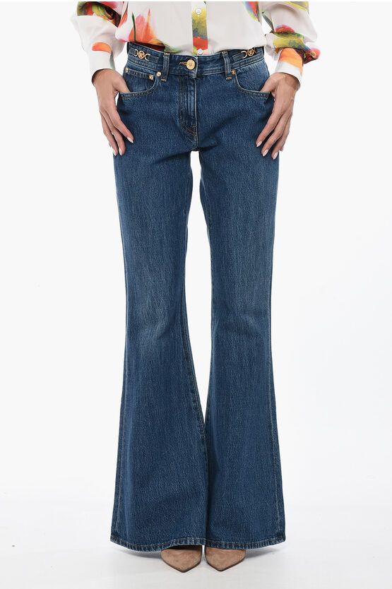 Versace Cotton Bootcut Denims With Logoed Morsets 32cm