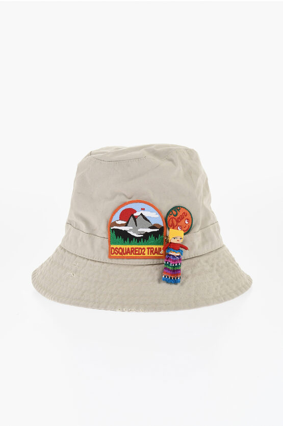 Dsquared2 Cotton Bucket Hat With Appliqués In Neutral