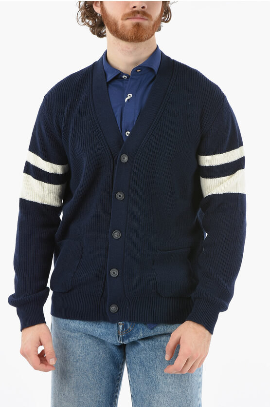 Altea Cotton Cardigan With Contrasting Stripes On The Sleeve In Blue