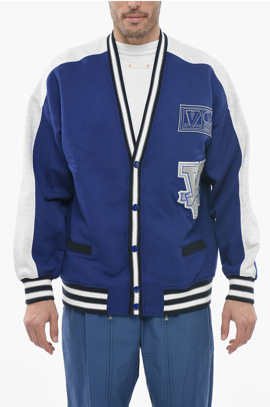 Valentino Cotton Cardigan With Patches In Blue