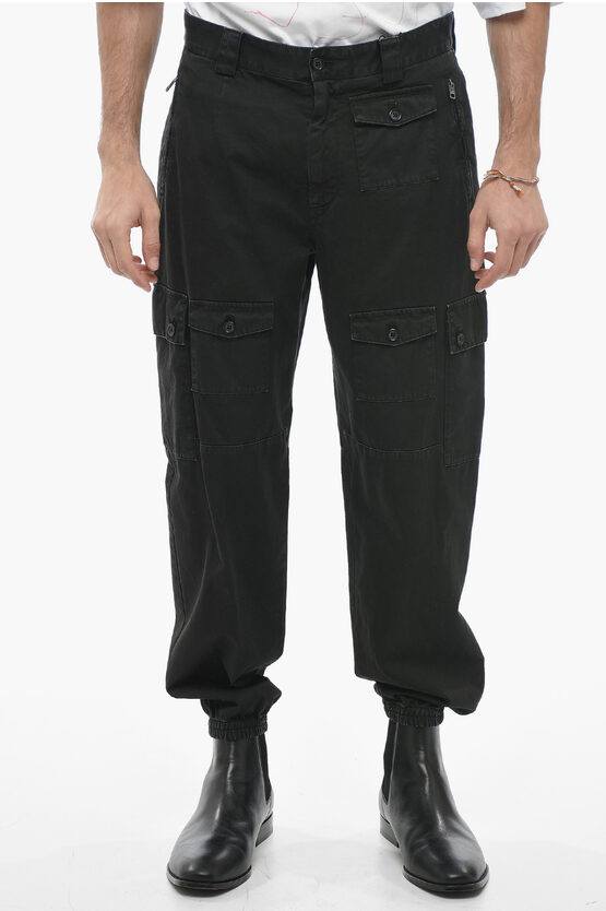 Dolce & Gabbana Cotton Cargo Trousers With Elastic Cuffs In Green