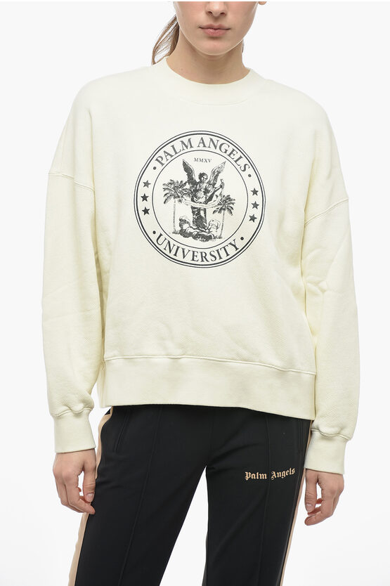 Palm Angels Cotton College Hoodie With Print In White
