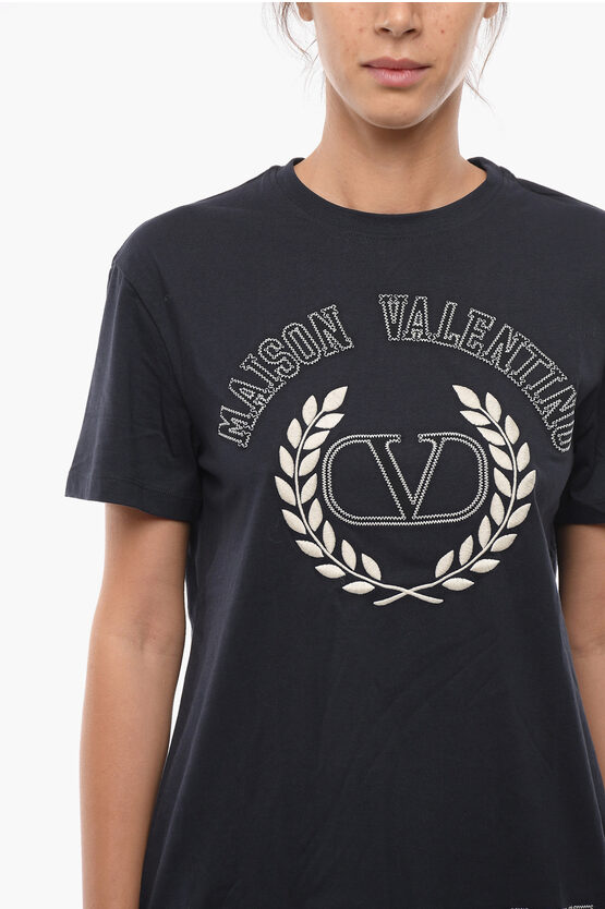 【2025新春福袋】 Cotton Valentino Cre-Neck women Logo Embossed with T-shirt トップス
