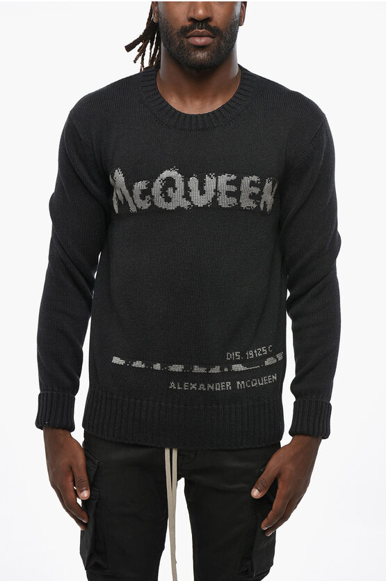 Alexander Mcqueen Cotton Crew-neck Sweater With Contrasting Logo In Black