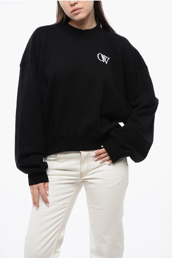 Off-white Cotton Crew-neck Sweatshirt With Contrast Embroidery