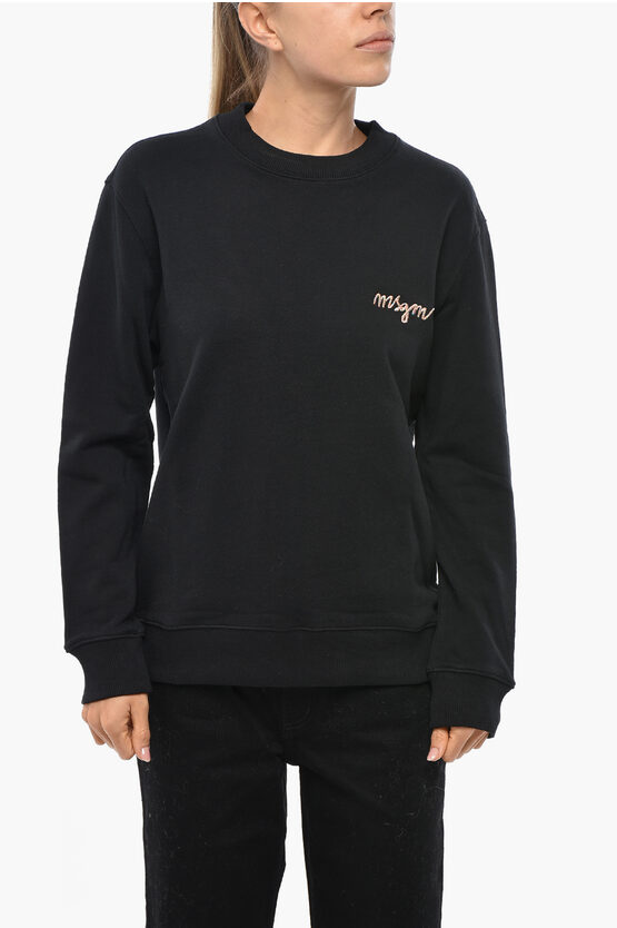 Msgm Cotton Crew-neck Sweatshirt With Embroidery Logo In Black