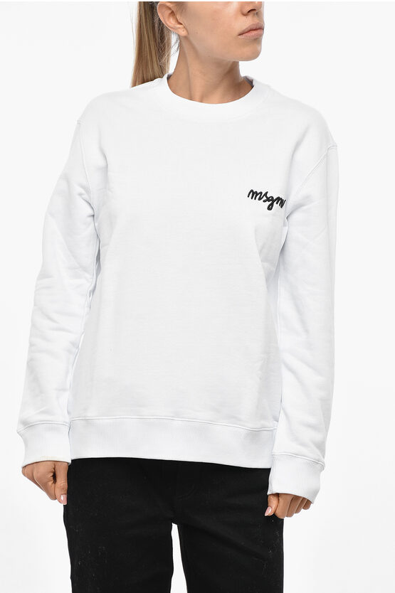 Msgm Cotton Crew-neck Sweatshirt With Embroidery Logo In White