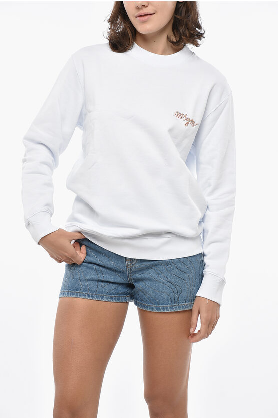 Msgm Cotton Crew-neck Sweatshirt With Embroidery Logo In White