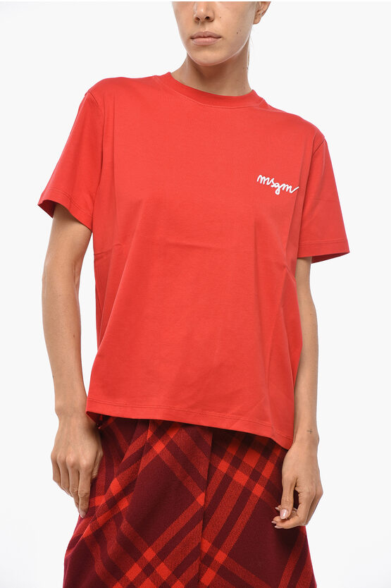 Msgm Cotton Crew-neck T-shirt With Embossed Logo In Red