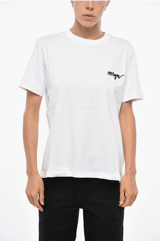 Msgm Cotton Crew-neck T-shirt With Embroidery Logo In White