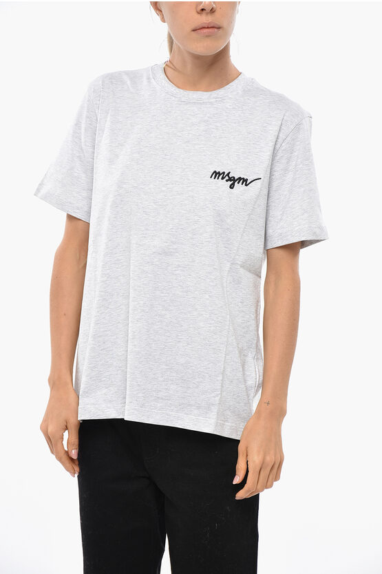 Msgm Cotton Crew-neck T-shirt With Embroidery Logo In Gray