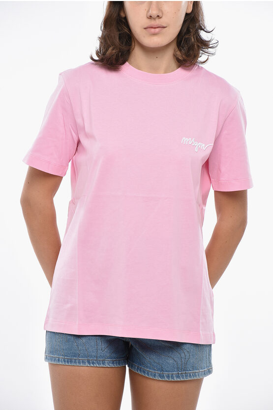 Msgm Cotton Crew-neck T-shirt With Embroidery Logo In Pink