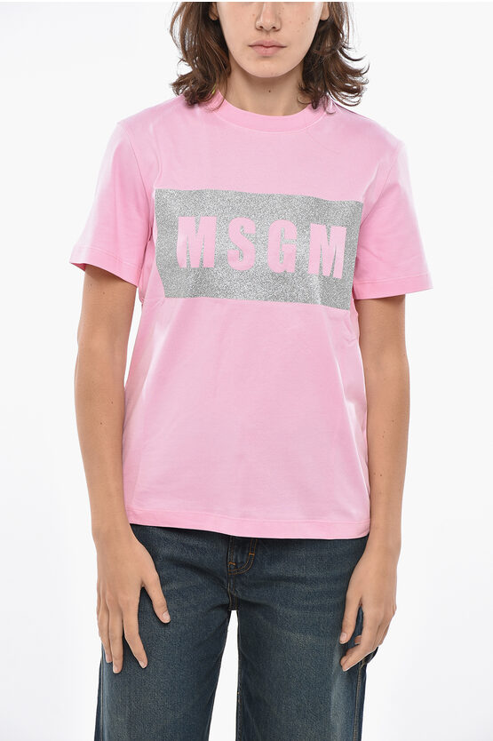 Msgm Cotton Crew-neck T-shirt With Glitter Logo In Pink