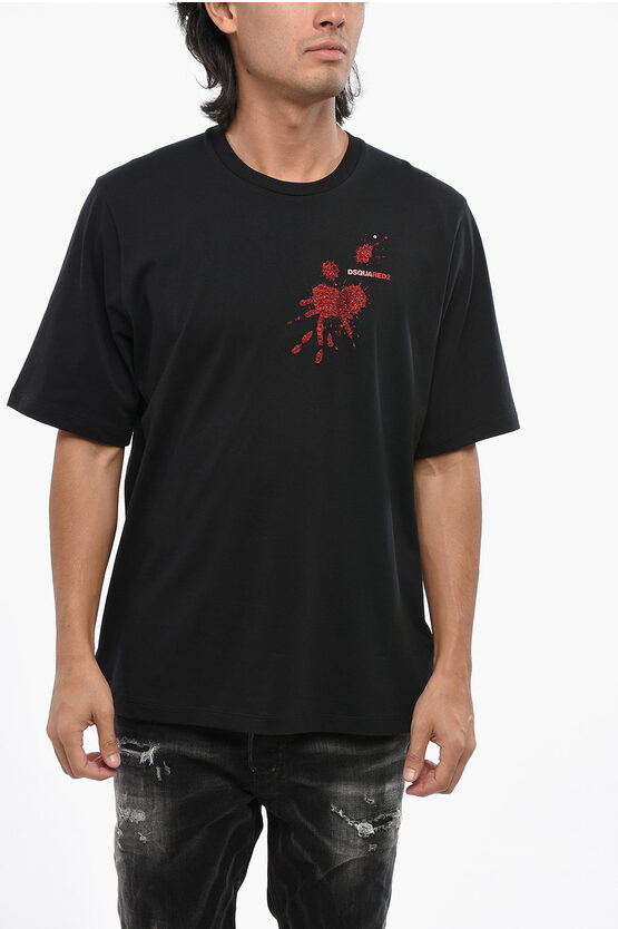 Dsquared2 Cotton Crew Neck T-shirt With Sequined Embroidery In Black