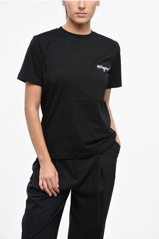 Msgm Cotton Crew-neck T-shirt With Side Embroidery Logo Grösse Xs In Black