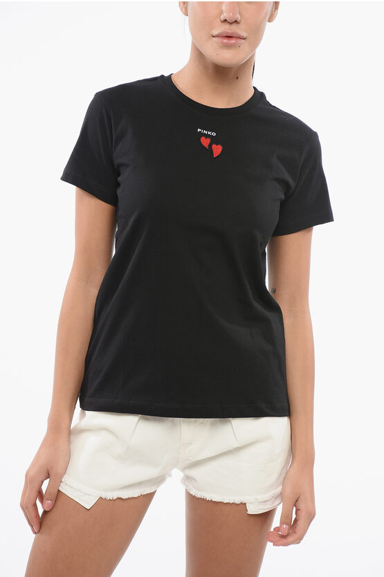 Shop Pinko Cotton Crew-neck Trapani T-shirt With Contrasting Hearts