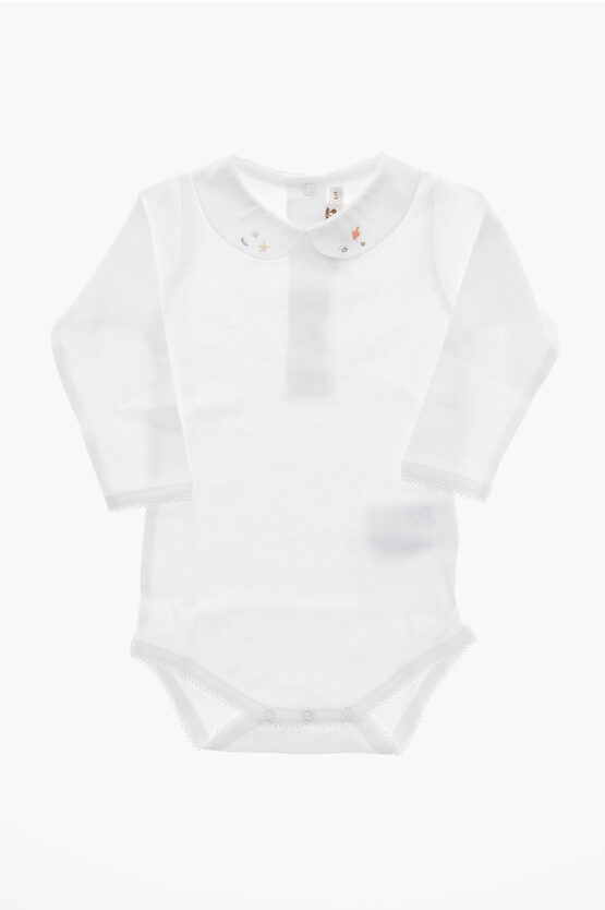 Bonpoint Cotton Cygne Bodysuit With Embroidery Collar In White