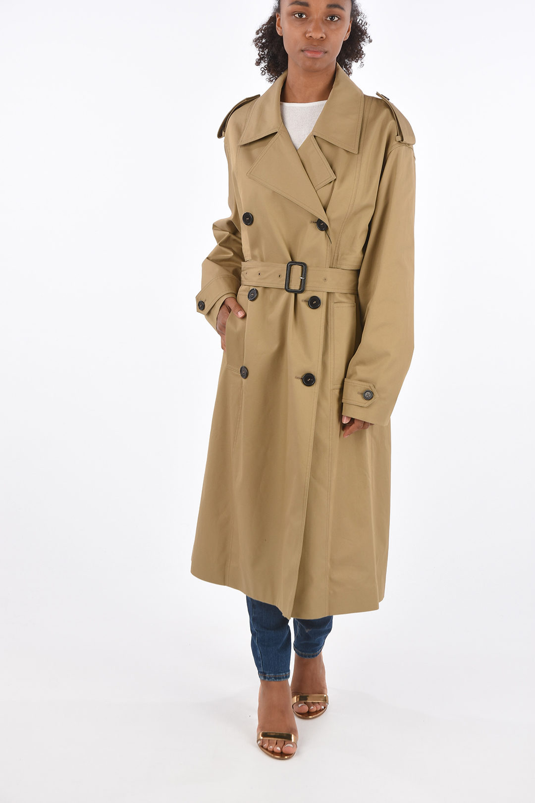 Cotton Double-Breasted Coat with Belt