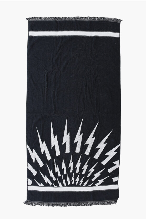 Neil Barrett Cotton Fair-isle Thunderbolt Beach Towel With Fringes