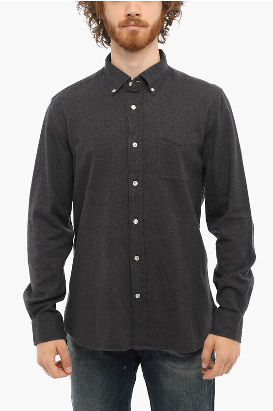 Woolrich Cotton Flannel Shirt With Button-down Collar And Breast Pock In Gray