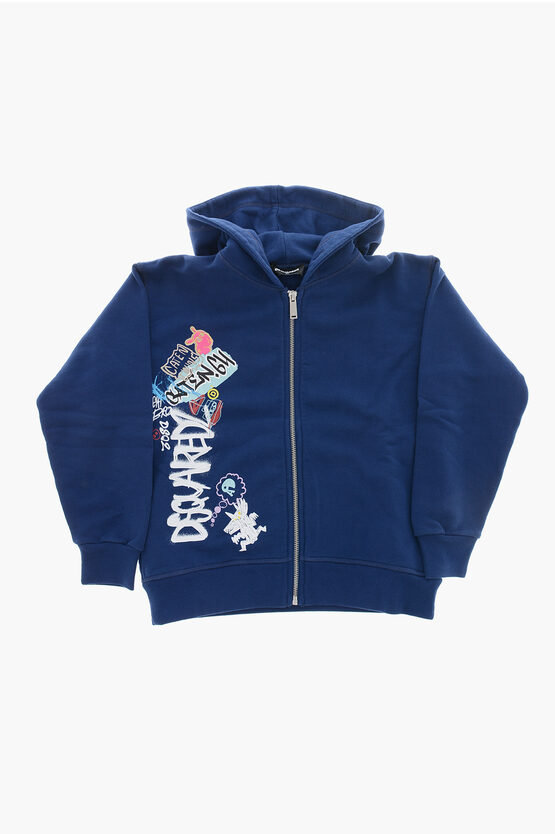 Dsquared2 Cotton Hoodie Slouch Fit With Print In Blue