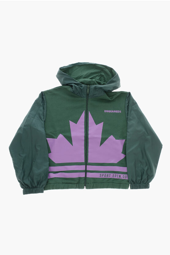 Dsquared2 Cotton Hoodie With Nylon Sleeves And Front Logo In Green