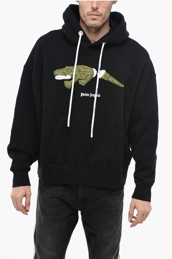 Palm Angels Cotton Hoodie With Padding Embroidery In Black