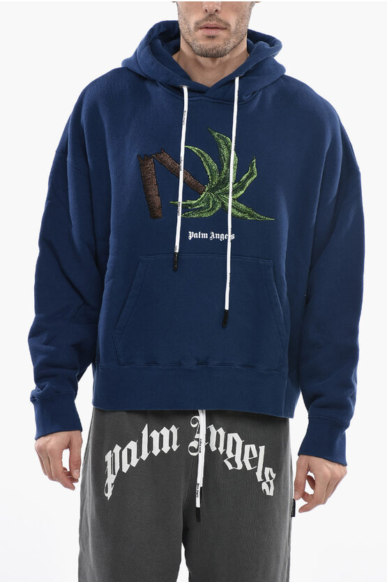 Palm Angels Cotton Hoodie With Patch Pocket In Blue