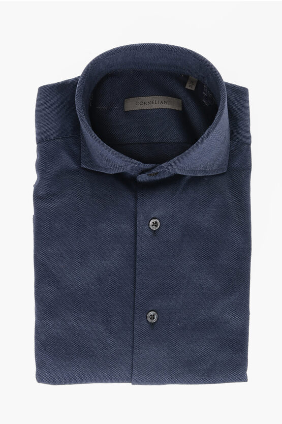 Corneliani Cotton Jersey Shirt With Bird's Eye Motif In Blue