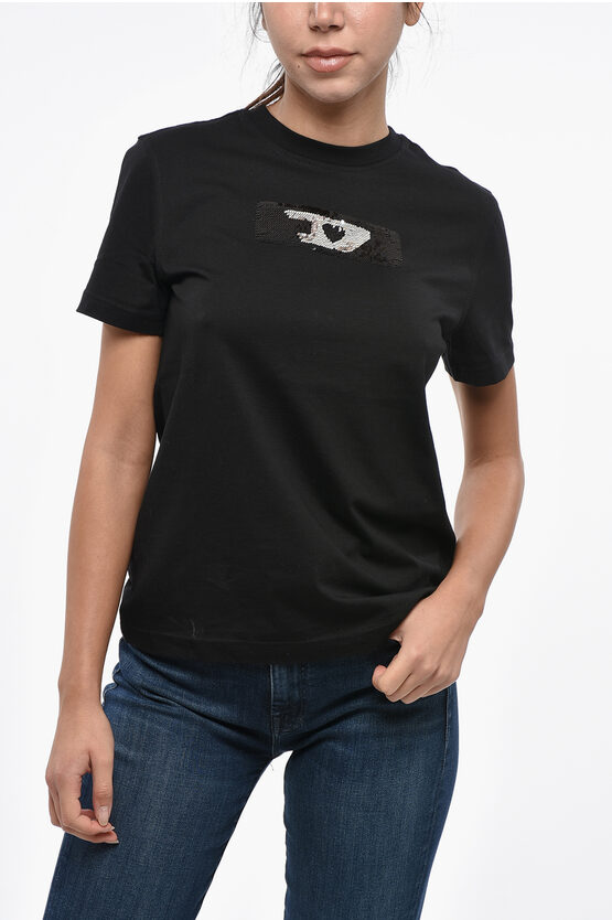 Diesel Cotton Jersey T-reg-div Crew-neck T-shirt With Sequined Deta In Black