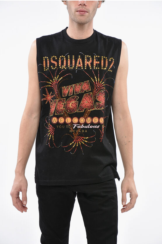 Dsquared2 Cotton Jersey Viva Vegas Tank Top Embellished With Rhineston In Black