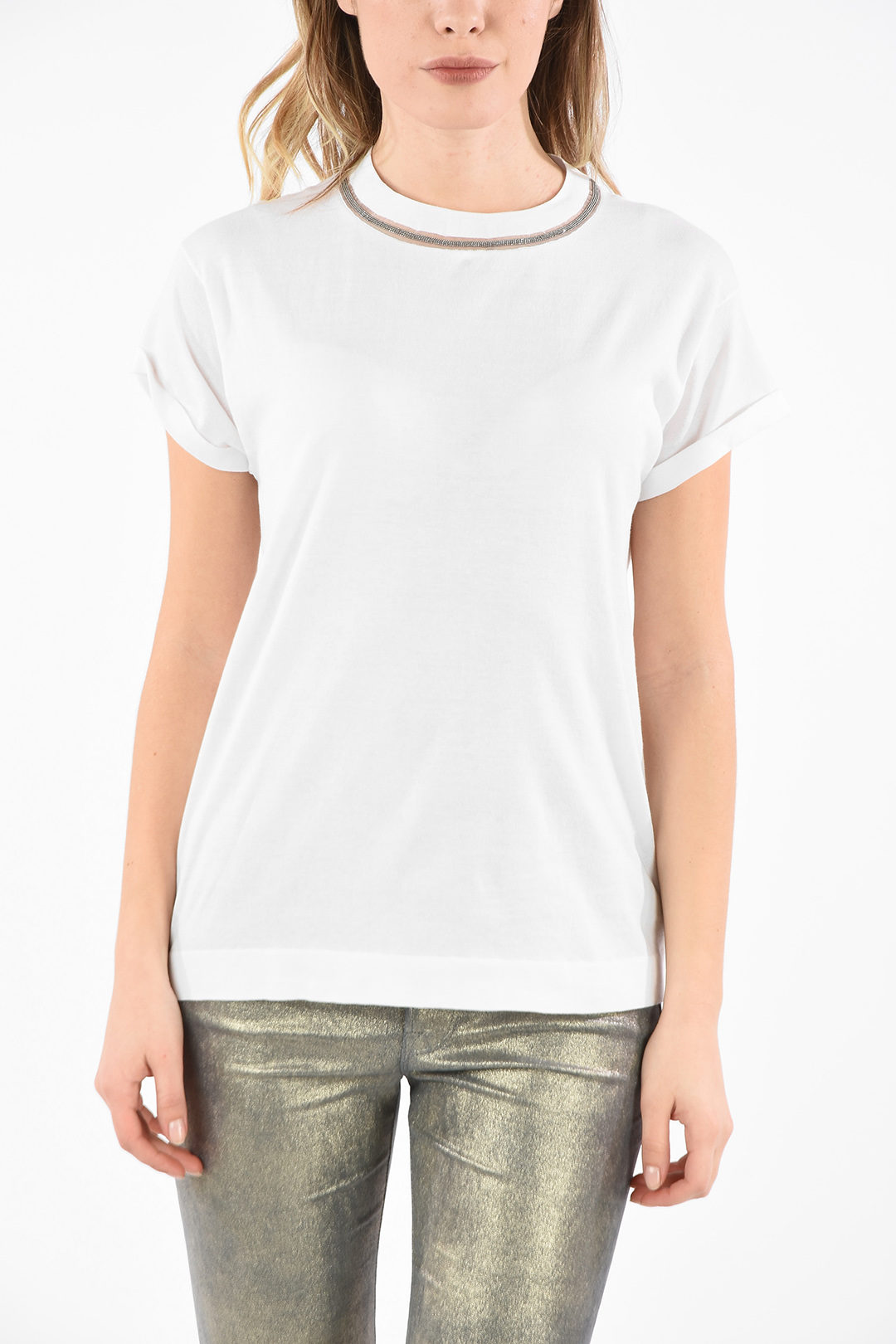Brunello Cucinelli Cotton Jewel Crew-Neck T-Shirt women