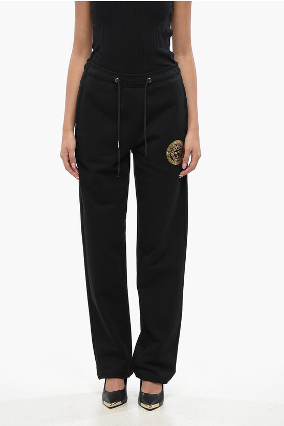 Versace Cotton Joggers With Golden-effect Monogram In Black