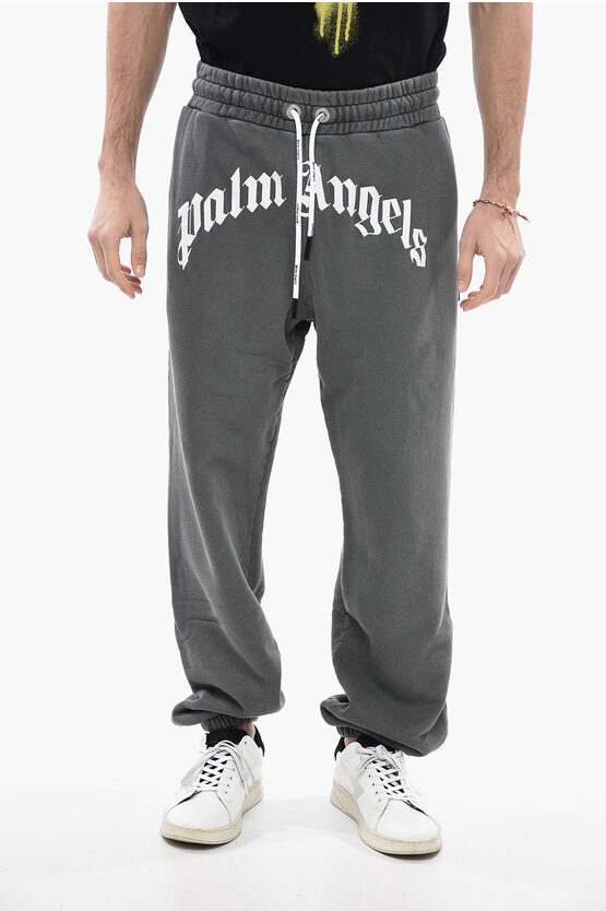 Palm Angels Cotton Joggers With Gothic Print In Gray