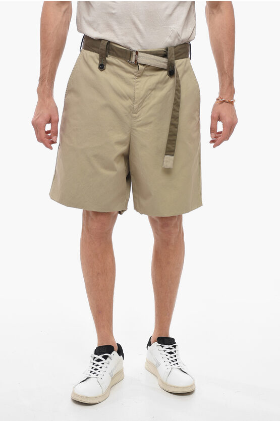 Sacai Cotton Lined Shorts With Belt In Green