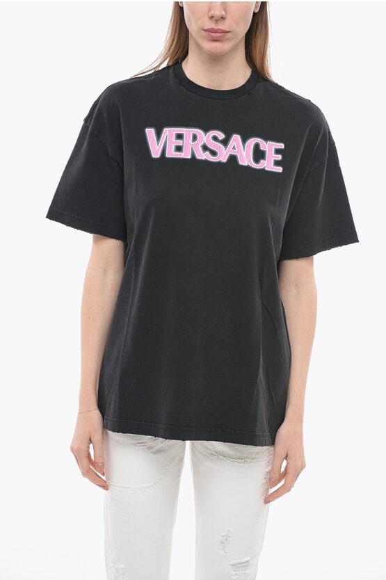 Versace Cotton Oversized T-shirt With Neon Print In Black