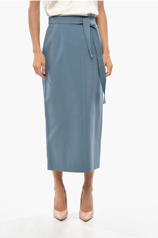 Super Blond Cotton Pencil Skirt With Belt In Blue
