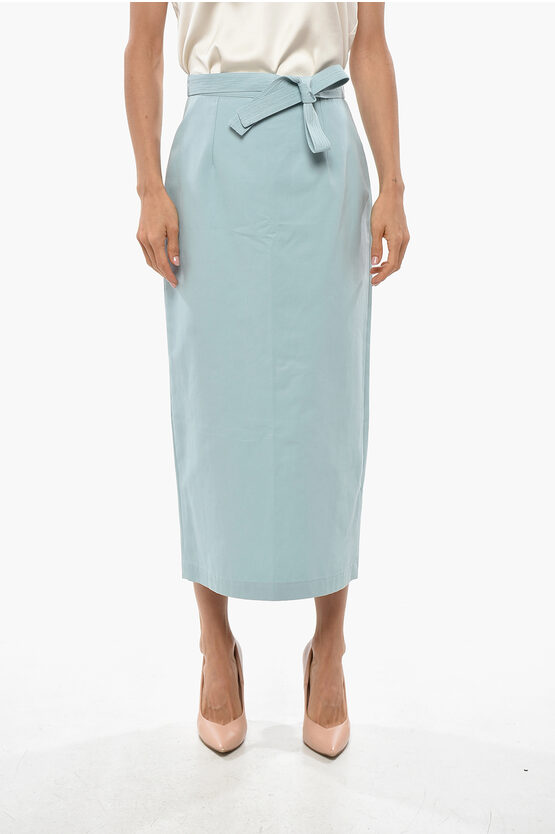 Super Blond Cotton Pencil Skirt With Belt In Blue