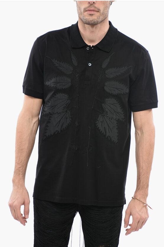 Alexander Mcqueen Cotton Polo With Plant Motif Patches In Black