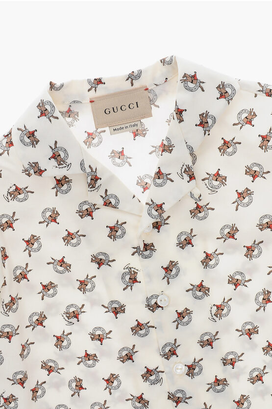Cotton Poplin Shirt With All-Over Equestrian Print