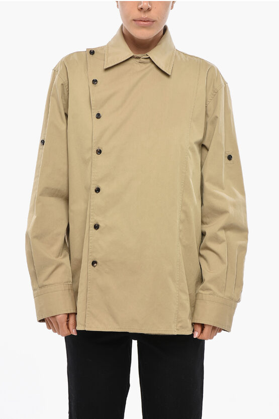 Bottega Veneta Cotton Shirt With Decentralized Buttoning In Brown
