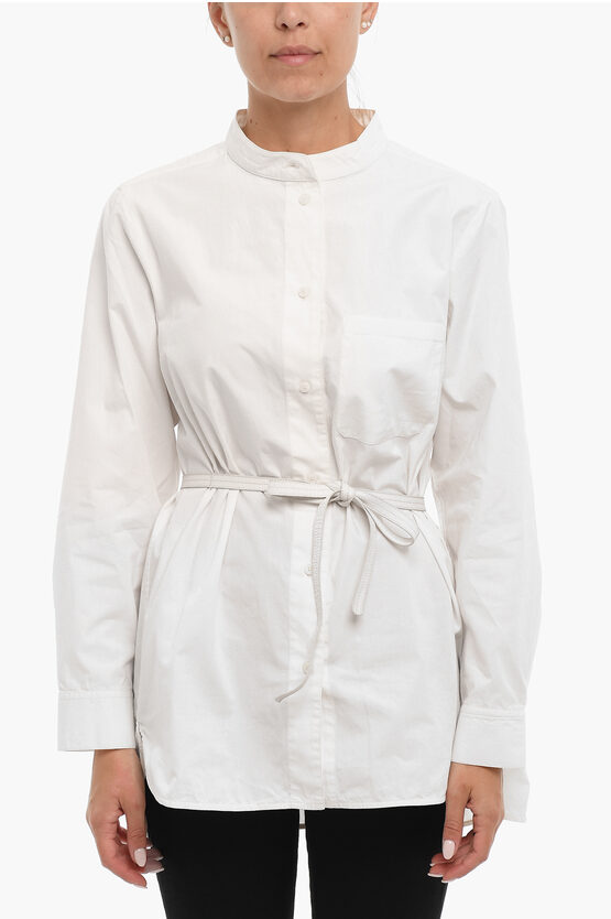 Yves Salomon Cotton Shirt With Mandarin Collar And Belt In White